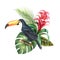 Watercolor vector composition with Toucan, exotic leaves and flowers.