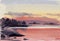 Watercolor vector drawing of red sunset over forest lake in summer evening