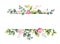 Watercolor vector hand painting horizontal banner of pink flowers and green leaves.