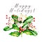 Watercolor vector illustration. Christmas bouquet with mistletoe, holly jolly and guelder rose berries. Greeting card