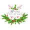 Watercolor vector illustration. Christmas garland with fir branches, holly jolly and guelder rose berries. Greeting card