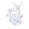 Watercolor vector illustration isolated deer, big antlers, flowers and birds on the horns, branches cherry flowering