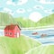 Watercolor vector landscape with house, people on boats, sunrise and mountains. Fishing in the river.  Nature design for postcard