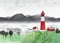 Watercolor vector landscape with lighthouse, mountais and houses. Romantic Illustration