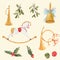 Watercolor vector nice christmas set with baby rocking horse golden bell trumpet holly flowers and berries isolated