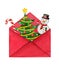 Watercolor vector postal envelope with a Christmas tree, candy and snowman.