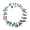 Watercolor vector round wreath with eucalyptus leaves and flowers of saffron.