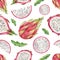 Watercolor vector seamless dragon fruit pattern on a white background.