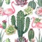 Watercolor vector seamless pattern of pink flamingo, cacti and succulent plants isolated on white background.