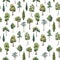 Watercolor vector tree seamless pattern forest oak fir birch, thuja linden baobab pine