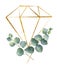 Watercolor vector wreath with green eucalyptus leaves and golden crystal.