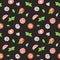 Watercolor vegetable seamless pattern on brown background. Garlic, basil leaf, tomato.