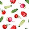 Watercolor vegetable seamless pattern on white background. Cucumber, tomato, red pepper, vegetable marrow, radish.