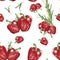 Watercolor vegetables. Pattern with red pepper and rosemary. Sweet pepper. Watercolor illustration on a white background.