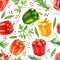 Watercolor vegetables seamless pattern with colorful bell peppers and herbs