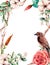 Watercolor vertical card with bird and flowers. Hand painted tree border, cotton, branch, dahlia, berries and leaves