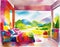 Watercolor of Vibrant bedroom with colorful decor and stunning landscape