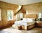 Watercolor of vibrant bedroom with rattan wooden bed against neutral wall