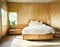 Watercolor of vibrant bedroom with rattan wooden bed against neutral wall
