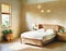 Watercolor of vibrant bedroom with rattan wooden bed against neutral wall