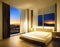 Watercolor of vibrant luxury penthouse bedroom at night