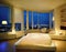 Watercolor of vibrant luxury penthouse bedroom at night