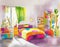 Watercolor of Vibrant and playful bedroom with comfortable ample and sturdy bunk