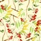 Watercolor viburnum, rowan and elder branches seamless pattern, hand painted on a white background. Branch, bunch of red berries