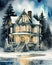 Watercolor Victorian home lit at night with christmas decorations