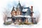 Watercolor victorian house at winter. Generate Ai