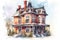 Watercolor victorian red house. Generate Ai