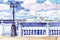 Watercolor. View of the sea pier. Sevastopol, Crimea. Travels. Tourism. Hand drawn landscapes with views of the sea and
