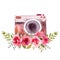 Watercolor vintage camera, retro camera. Logo and emblem for photographer.