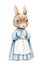 Watercolor vintage cartoon bunny rabbit in blue dress with dishes