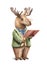 Watercolor vintage cartoon elk in costume clothes reads red book