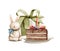 Watercolor vintage cartoon plush rabbit toy, birthday cake and present box