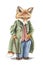 Watercolor vintage cartoon redhead fox in costume with gold pocket watch and walking stick