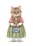 Watercolor vintage cartoon striped cat in dress holding little handbag