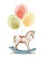 Watercolor vintage cartoon white rocking cute horse toy on air rubber balloons