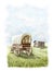 Watercolor vintage covered wagon near log house in grass