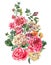 Watercolor Vintage Floral Bouquet with Pink Roses, Hydrangea, Snail and Wild Flowers, Botanical Greeting Card, Watercolor