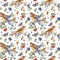 Watercolor vintage floral forest seamless pattern with birds, fir branches, berries, moth, flowers and branches