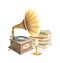 Watercolor vintage gramophone, heaps of books and golden candlestick