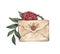 Watercolor vintage illustration with envelope, red rose, thorn stem and green leaves. Isolated on white.