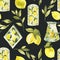 Watercolor vintage rustic seamless pattern, white jug with lemons on black background