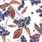 Watercolor vintage seamless pattern with chokeberry, autumn leaves, blue berries