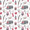 Watercolor vintage seamless pattern with Valentine`s day decorations on white