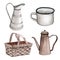 Watercolor vintage set of kitchenware like iron jug, white cup, wooden basket and rown teapot