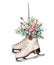 Watercolor vintage skates with winter floral decor and candies. Hand painted white skates with fir branches, berries