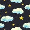 Watercolor vintage stars and clouds seamless pattern